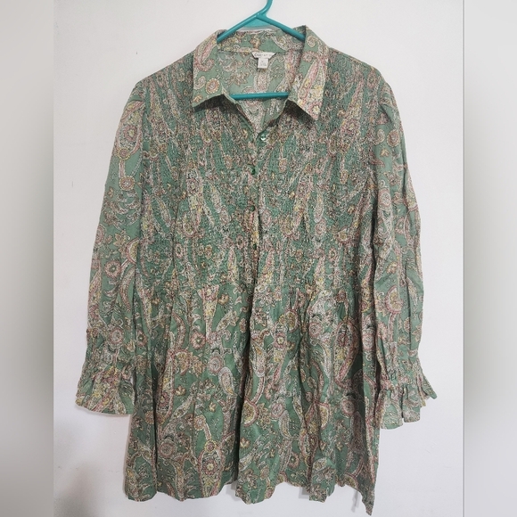 Cato PAISLEY BUTTON DOWN Flowing Smocked Collared Blouse Size XL - Picture 2 of 10